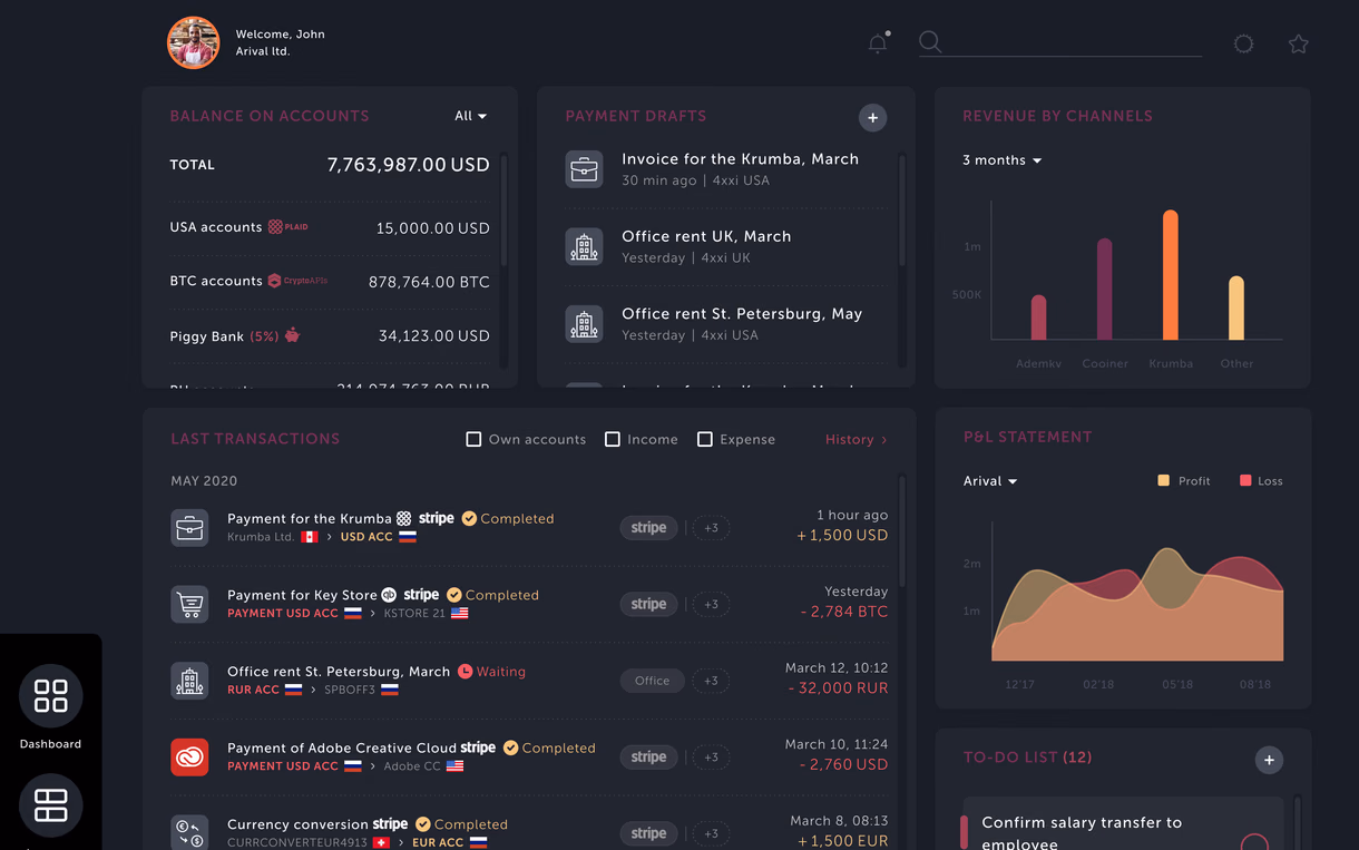 The first Arival dashboard in the dark theme: account balances, payment drafts, revenue by channel and recent transactions