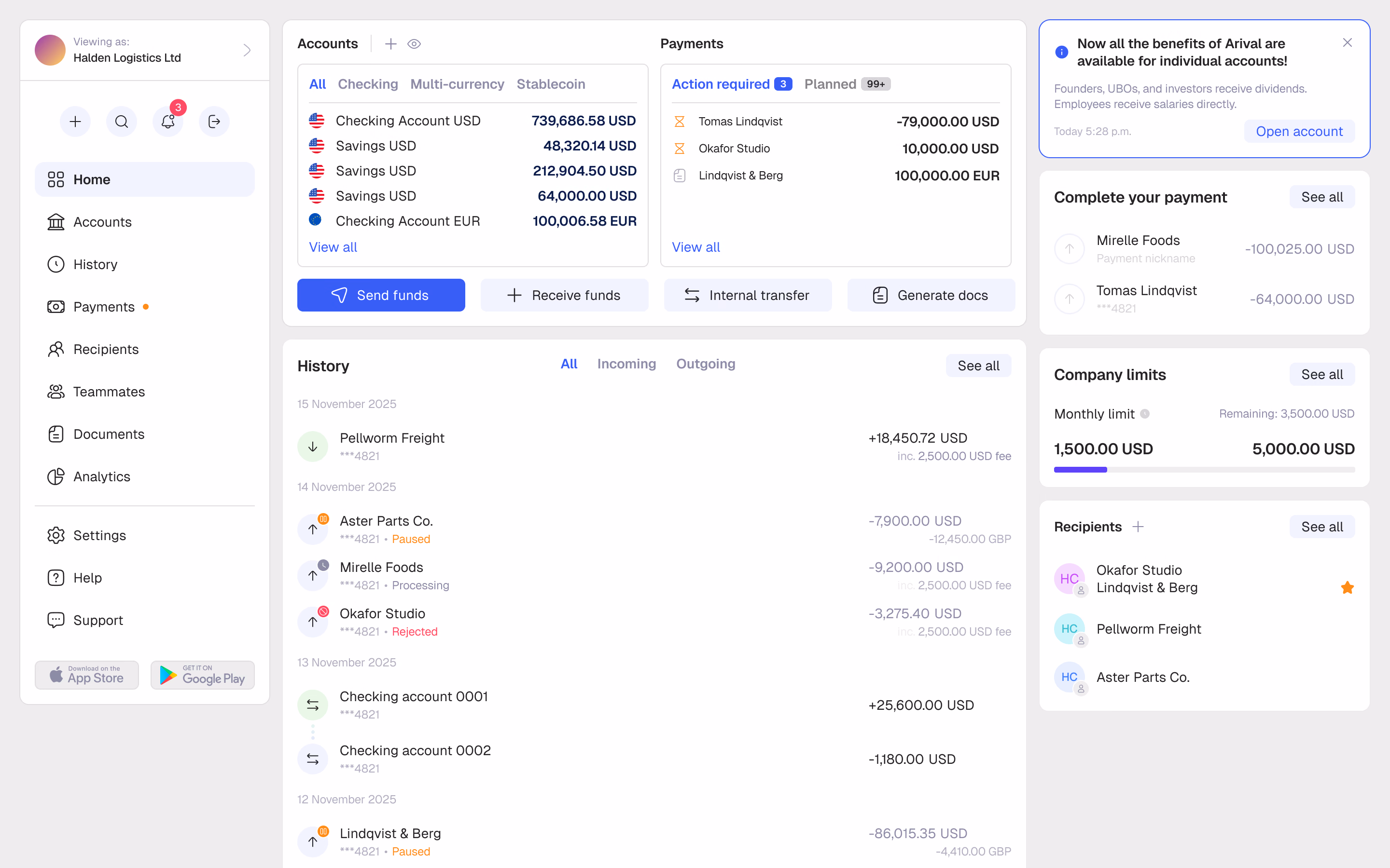 The bank's business dashboard in the light theme: accounts, payments and the history of transactions