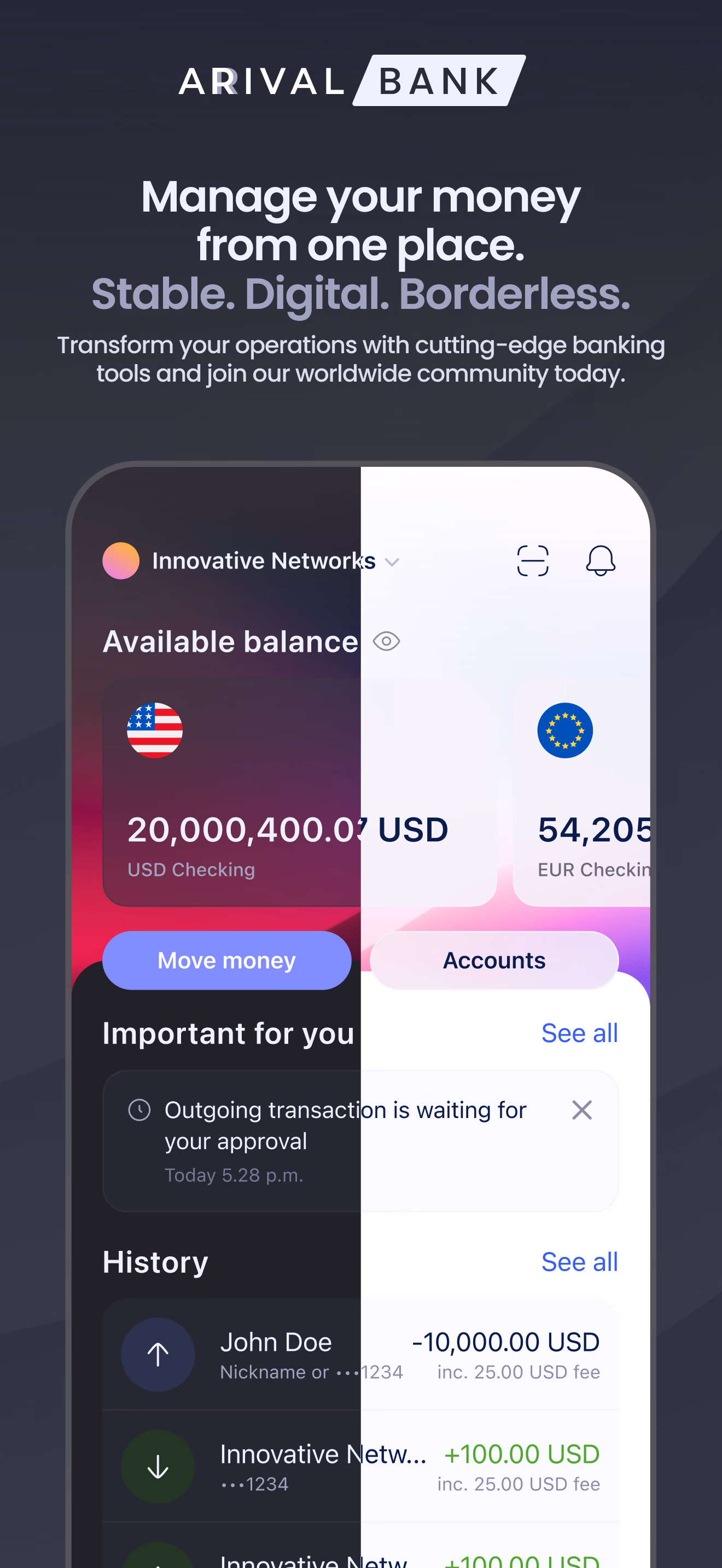 App Store screen: Manage your money from one place — the iOS home screen with balances