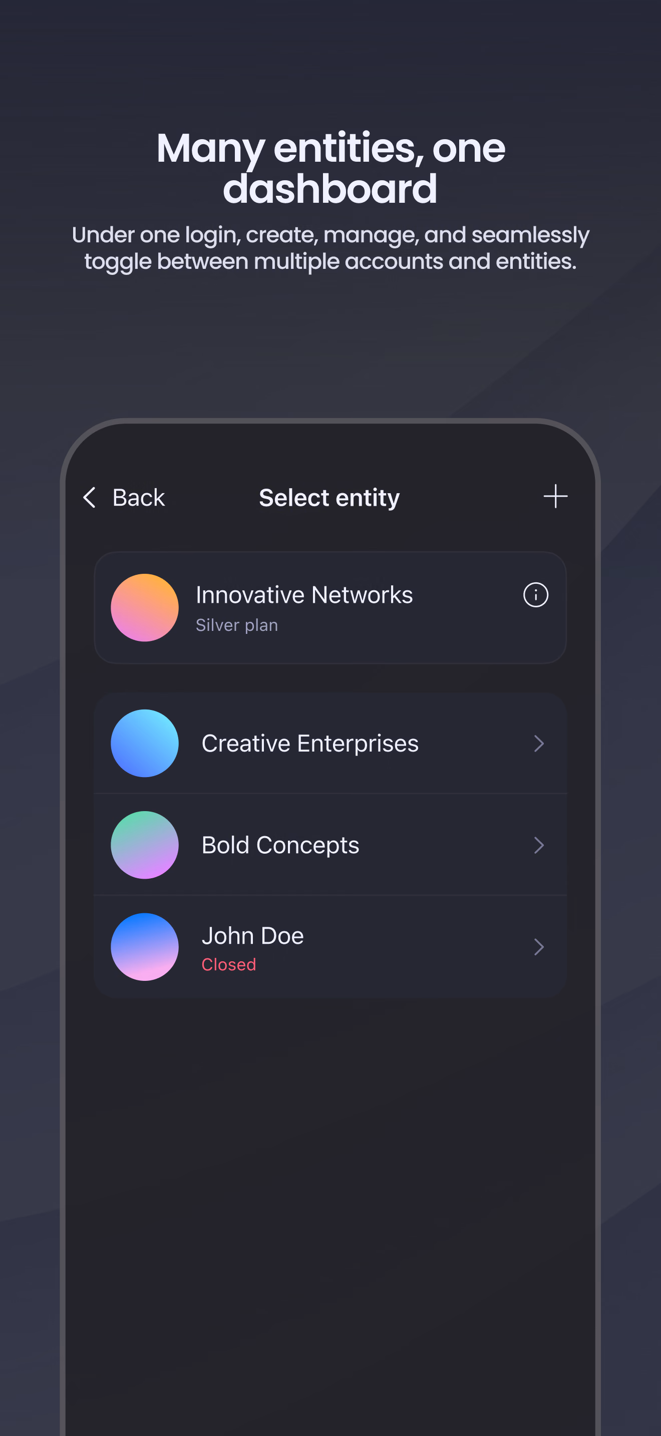 App Store screen: Many entities, one dashboard — switching between companies