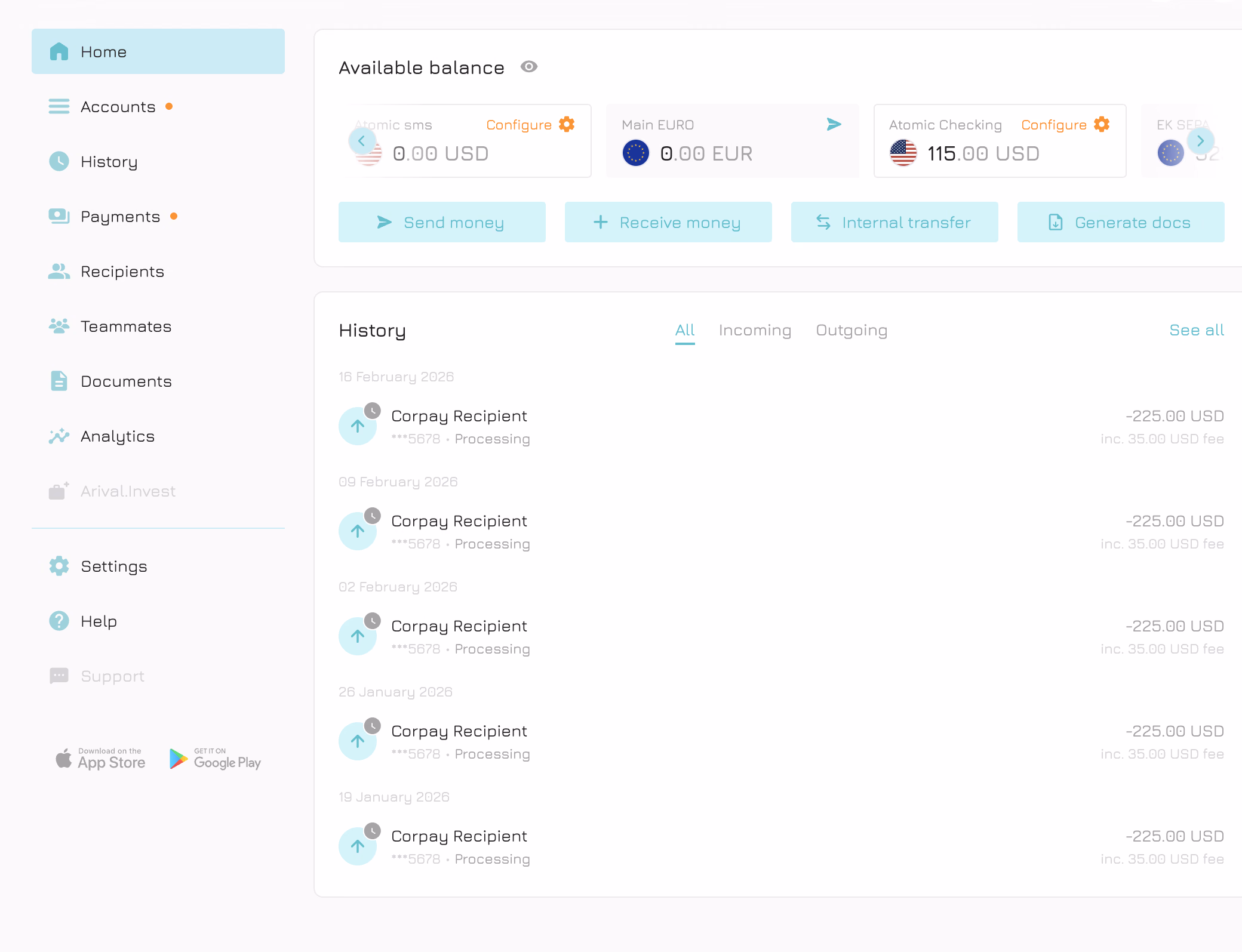 The bank's dashboard in the teal preset of the white-label system